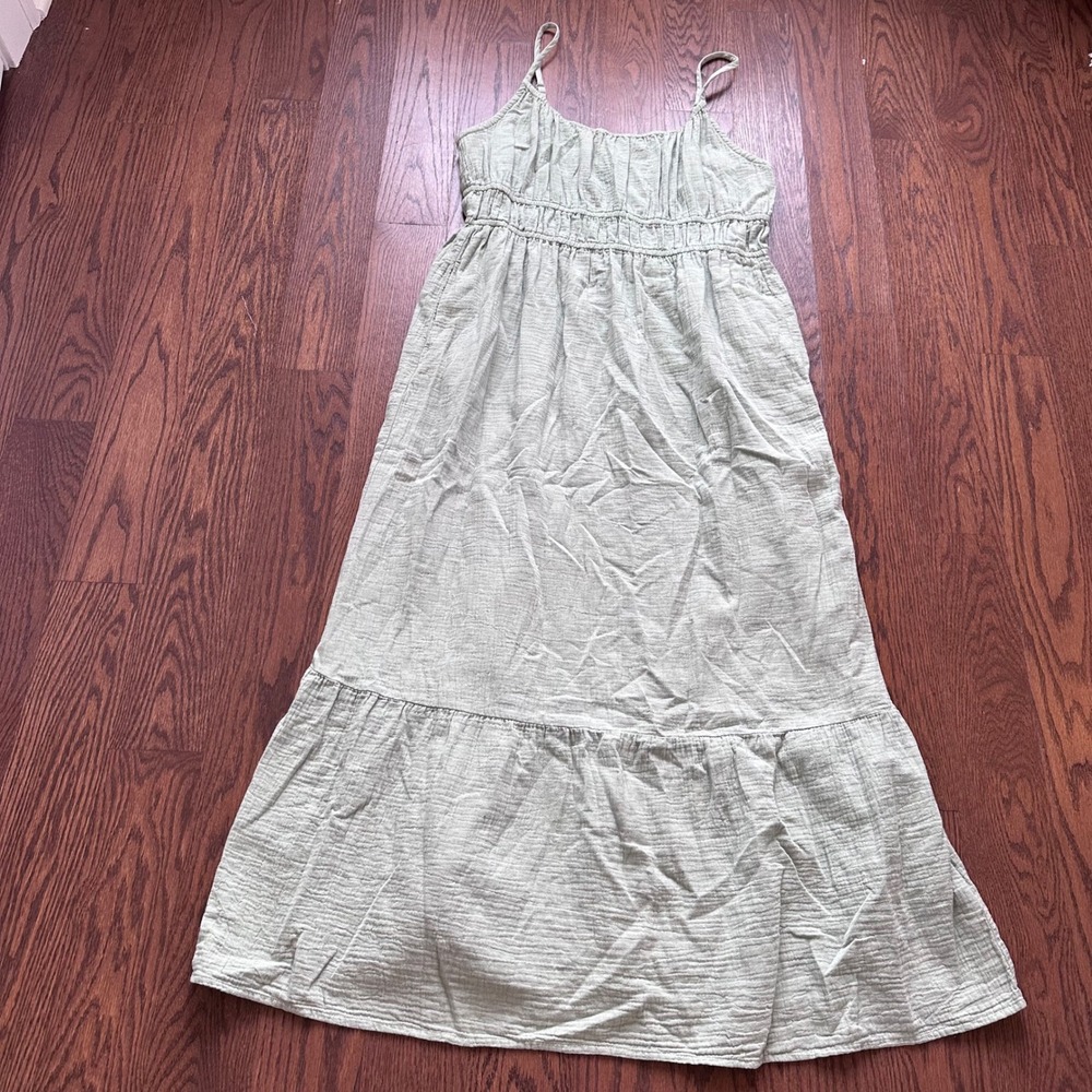Pact Organic Cotton Gauze Tiered Maxi Dress Sage Green XL Smocked Sleeveless